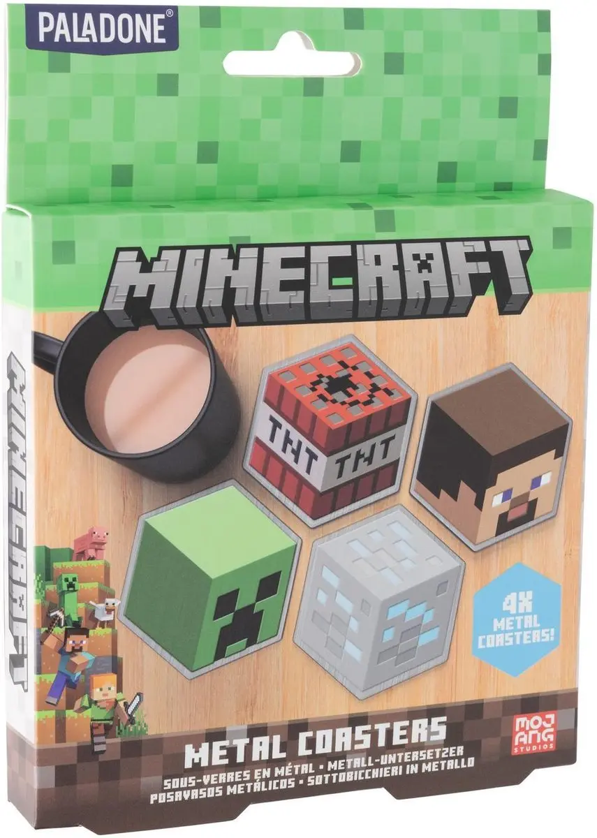 Paladone Minecraft Metalen Onderzetters Steve Creeper - Set van 4 - Veelkleurig