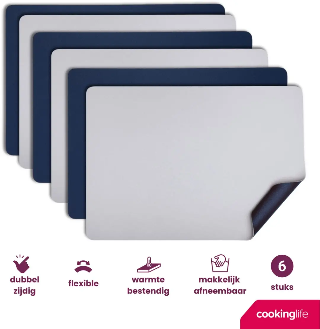Cookinglife Vegan Lederlook Placemats - 6 Stuks 46x33cm - Grijs/Blauw