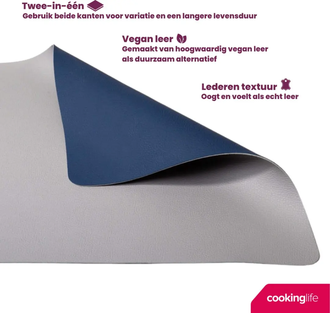 Cookinglife Vegan Lederlook Placemats - 6 Stuks 46x33cm - Grijs/Blauw