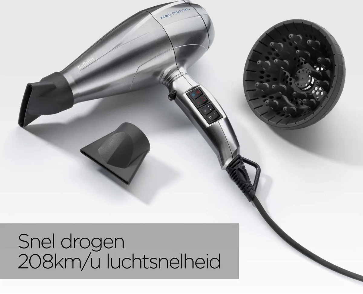BaByliss Pro Digital Föhn 6000E - 2200W - Diffuser + 2 Blaasmonden - Digitale motor