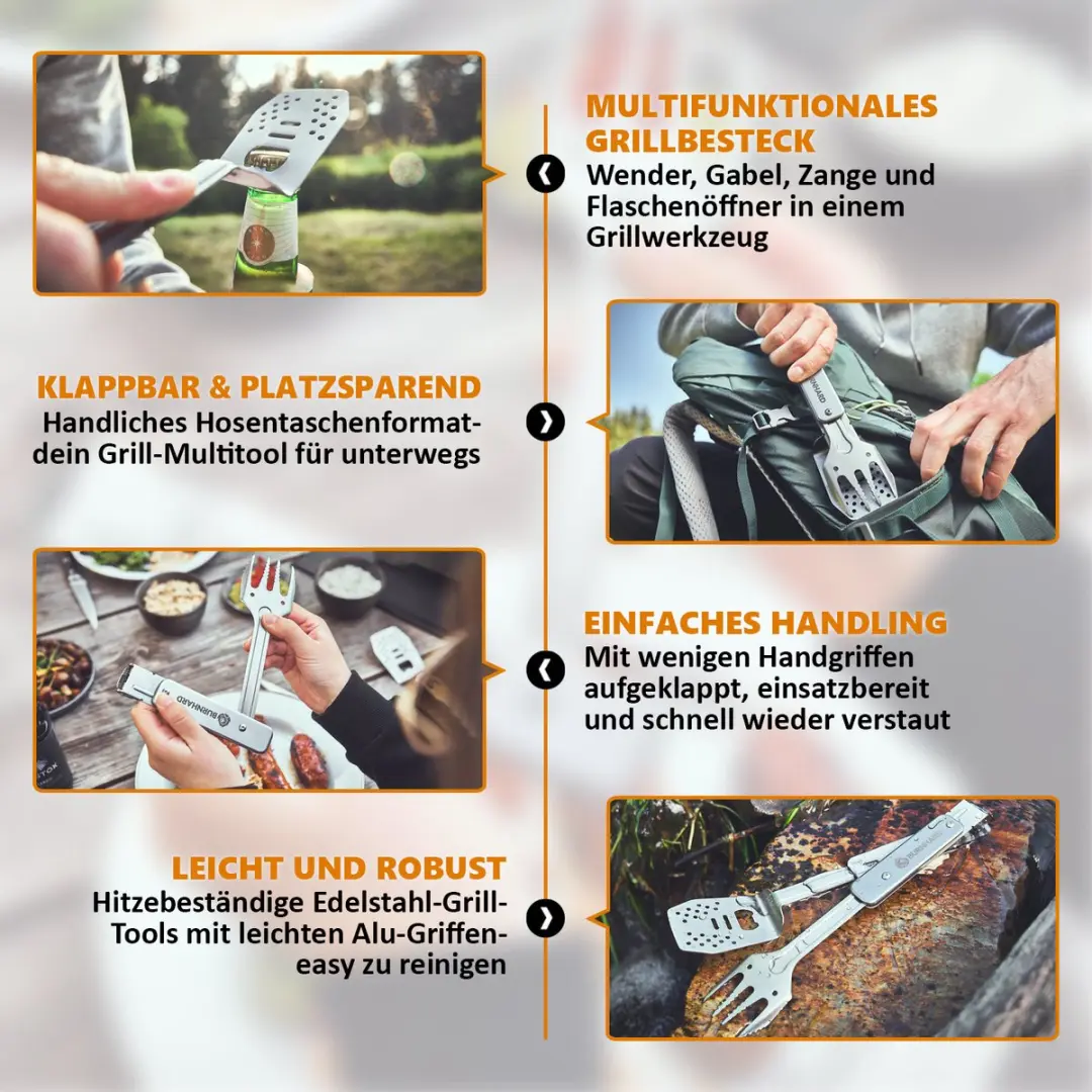 Burnhard Grillgereedschap Multitool 4-in-1 RVS - inklapbaar