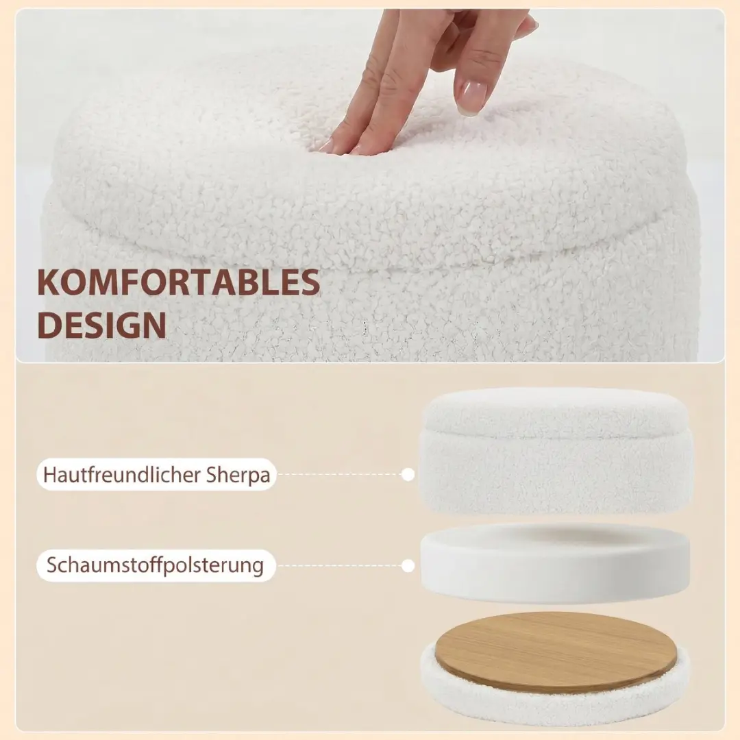 Homcom Storage Ottoman Sherpa Ø36,5cm - 33L - Wit - afbeelding 6 van 6