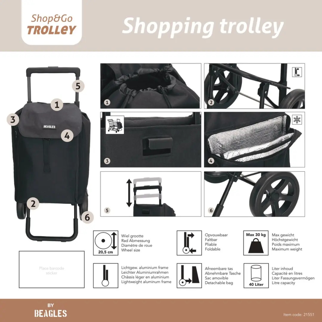 Beagles Shop & Go Boodschappenwagen Opvouwbaar 40L - Taupe