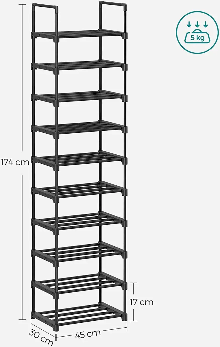 Songmics Schoenenrek LSA25BK - 10 Vakken - 20 Paar - 45x30x174cm Zwart - afbeelding 2 van 3