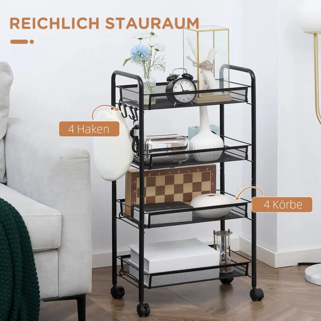 Homcom Serveerwagen Staal 45x26,5x84cm - Zwart - 4 Niveaus - afbeelding 6 van 6