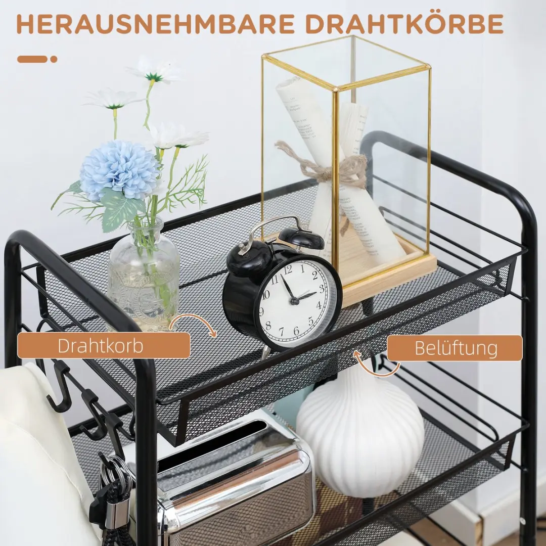 Homcom Serveerwagen Staal 45x26,5x84cm - Zwart - 4 Niveaus