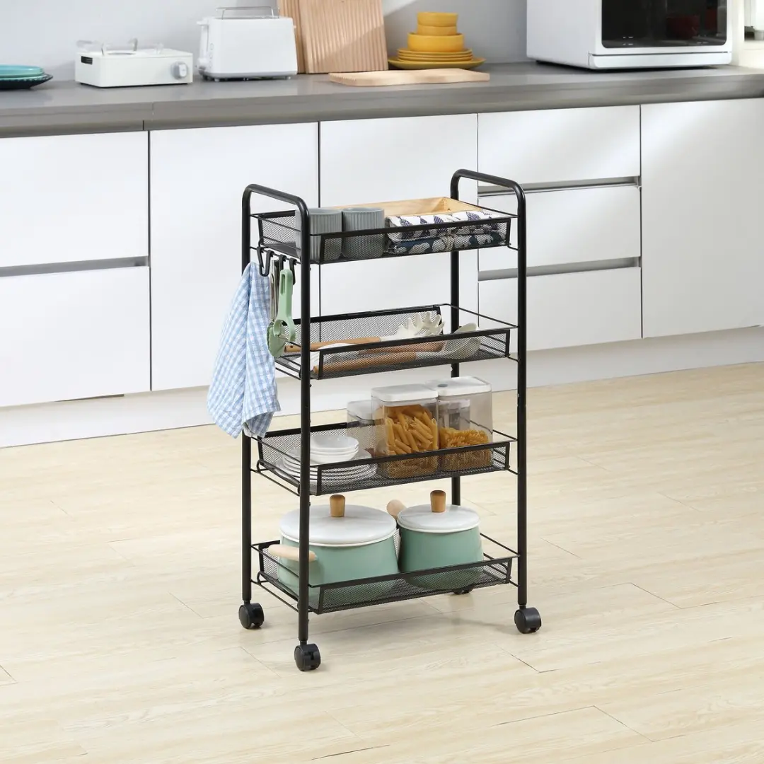 Homcom Serveerwagen Staal 45x26,5x84cm - Zwart - 4 Niveaus