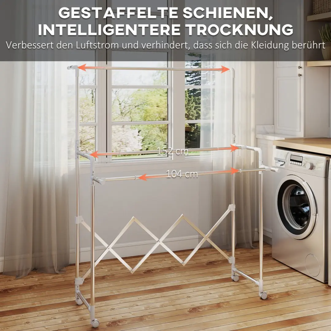 Homcom Kledingdroogrek Roestvrij staal 104-150L - 103x145-197cm - Zilver - afbeelding 6 van 6