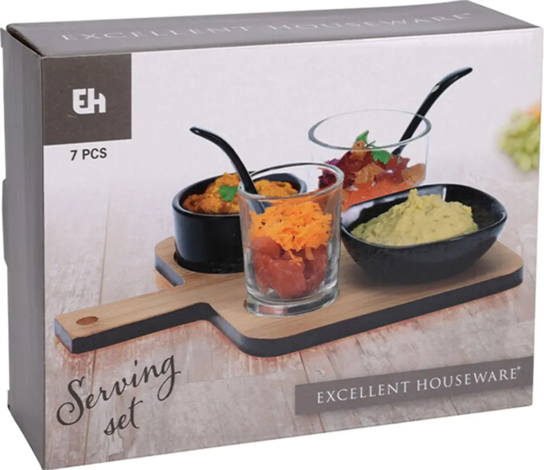 Excellent Houseware Serveerplank met 4 Schaaltjes - 7-delig - Multi