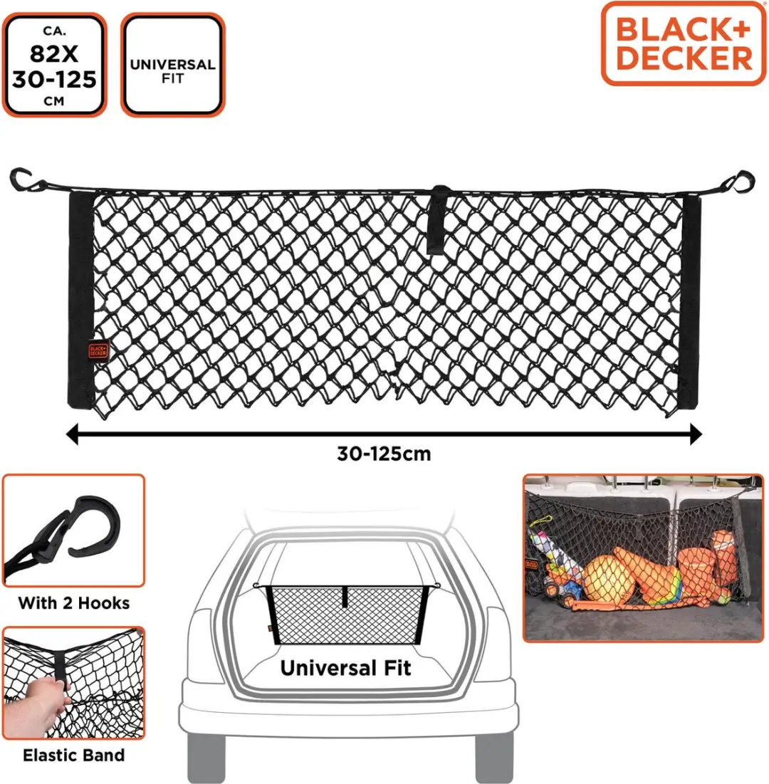 BLACK+DECKER Elastisch Bagagenet Kofferbak 125x30cm - Zwart - afbeelding 3 van 6