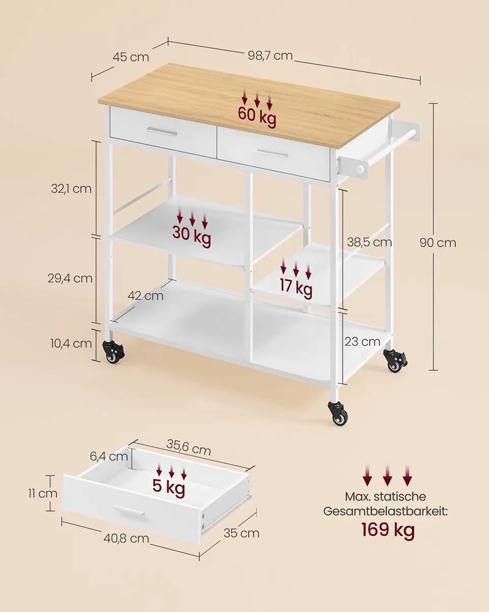 Songmics Keukentrolley 45x98,7x90cm - Matwit/Eikenbeige - afbeelding 2 van 6