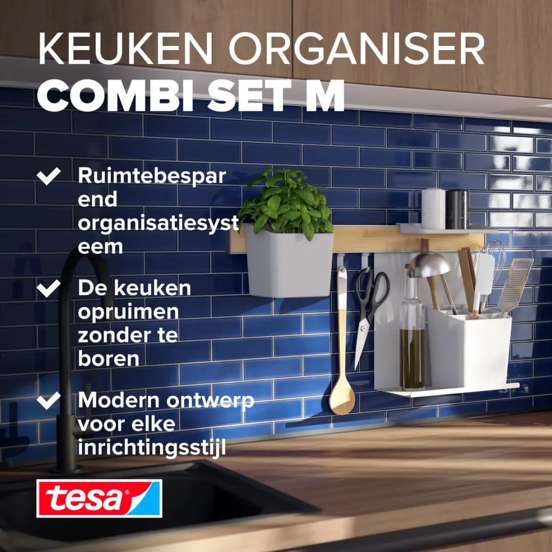 Tesa Keukenorganizer Set M Strip Bamboe/Wit - 1 Stuks - afbeelding 6 van 6