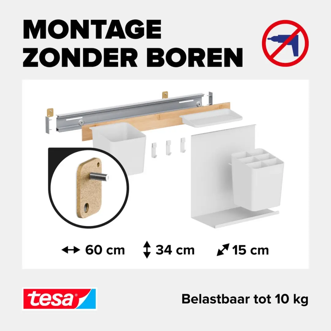 Tesa Keukenorganizer Set M Strip Bamboe/Wit - 1 Stuks