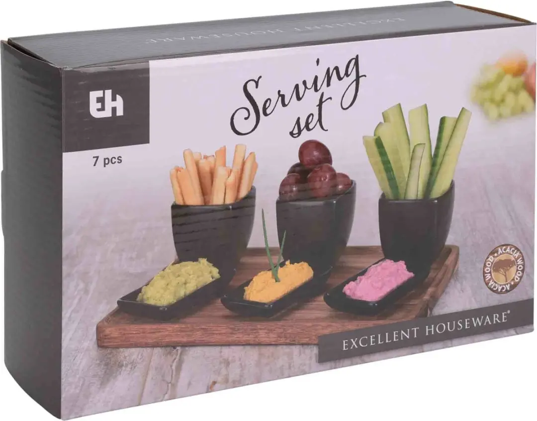 Excellent Houseware Serveerplank met 3 schaaltjes - Hout - 25x16cm - Multi