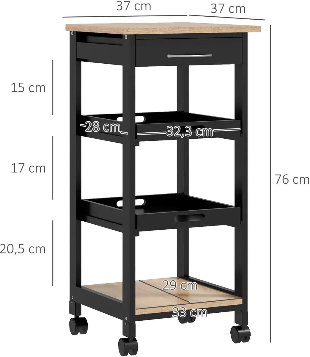 Homcom Keukenwagen Grenenhout 37x37x76cm - Zwart