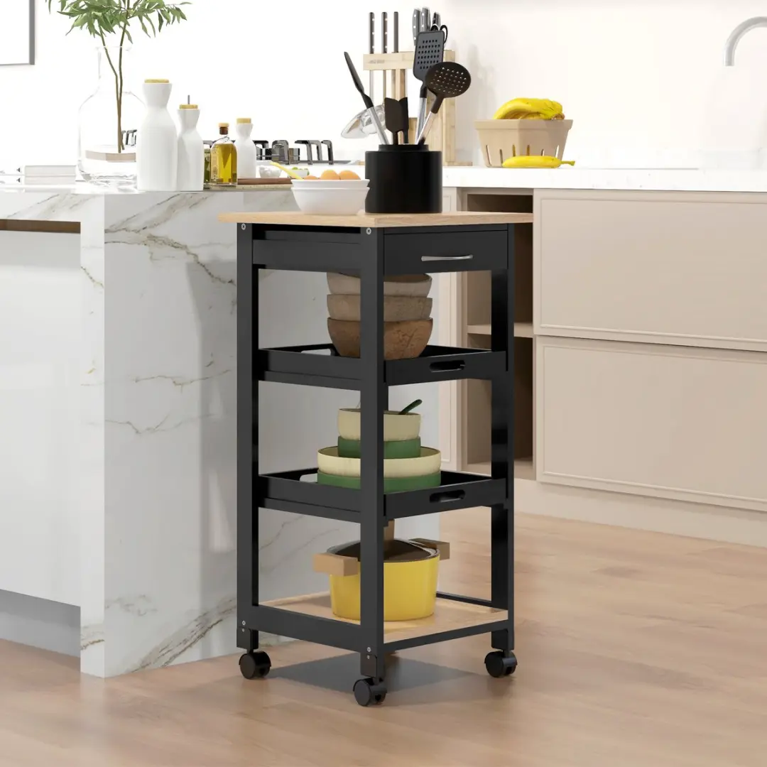 Homcom Keukenwagen Grenenhout 37x37x76cm - Zwart