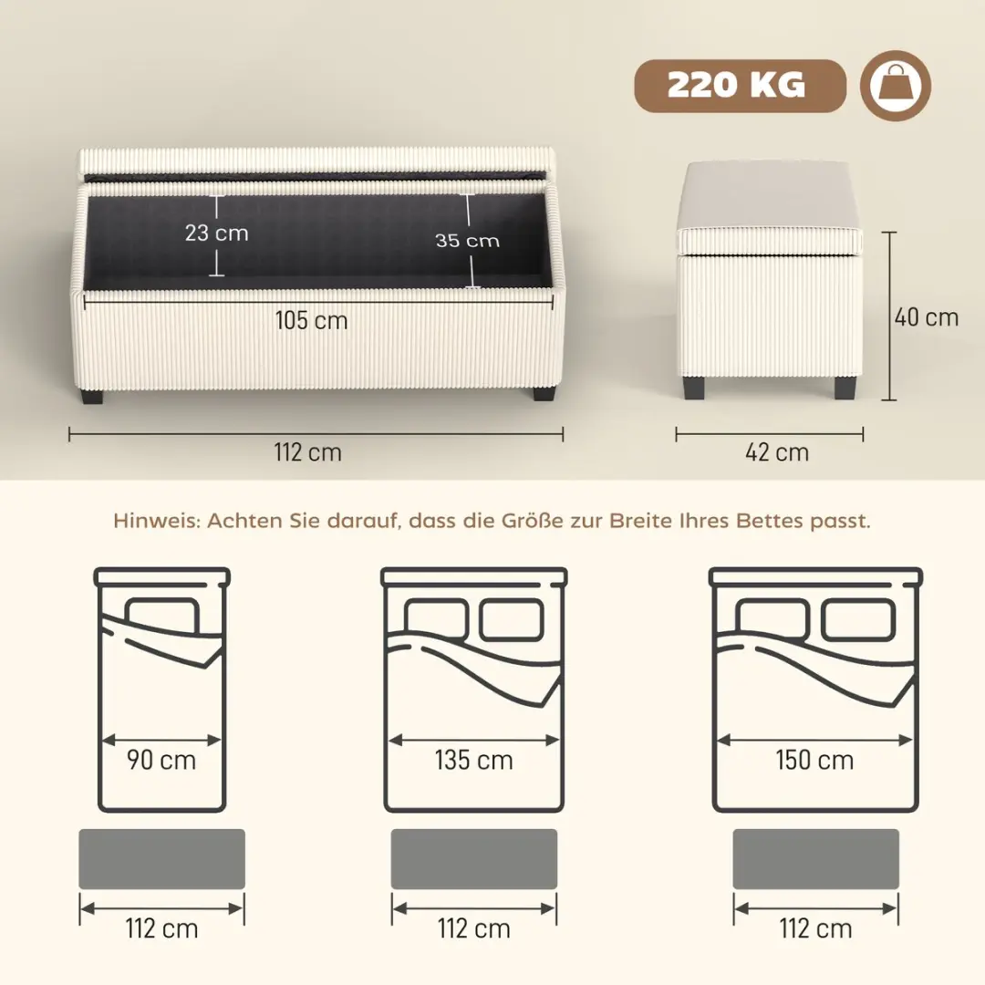 Homcom Sitzbank met Stauraum - 112x42x40cm - Beige - afbeelding 6 van 6