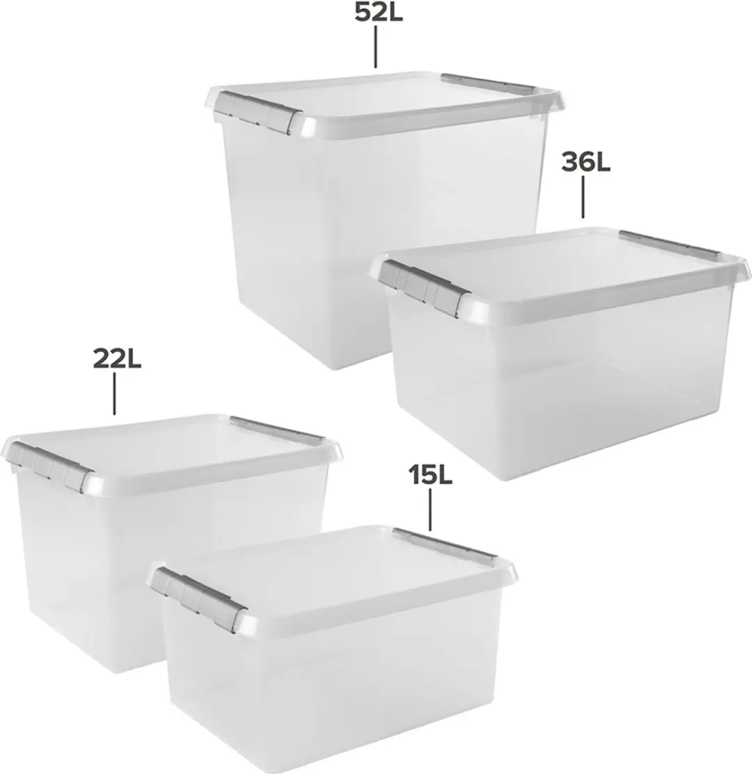 Sunware Q-Line Opbergbox 15L - 4 Stuks - Transparant/Grijs