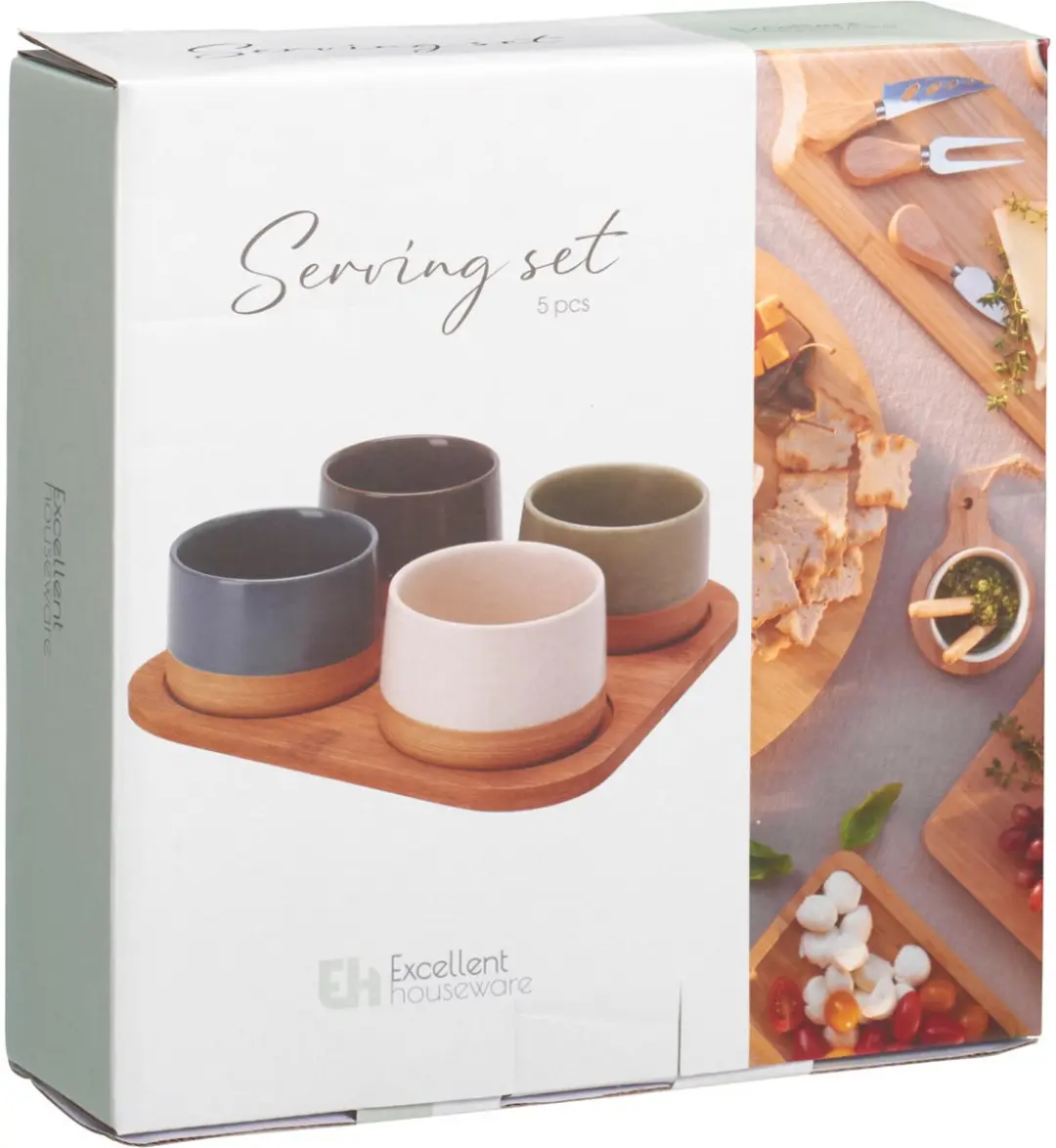 Excellent Houseware Bamboe Serveerplank - 22x22cm - 4x Tapas/Saus Schaaltjes - Multi