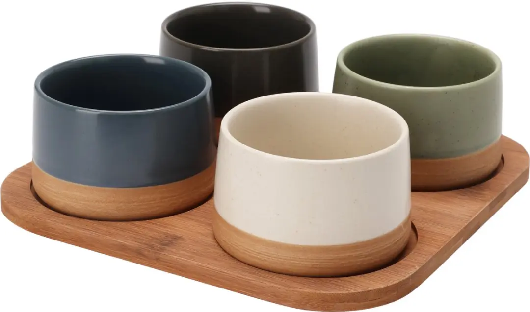 Excellent Houseware Bamboe Serveerplank - 22x22cm - 4x Tapas/Saus Schaaltjes - Multi