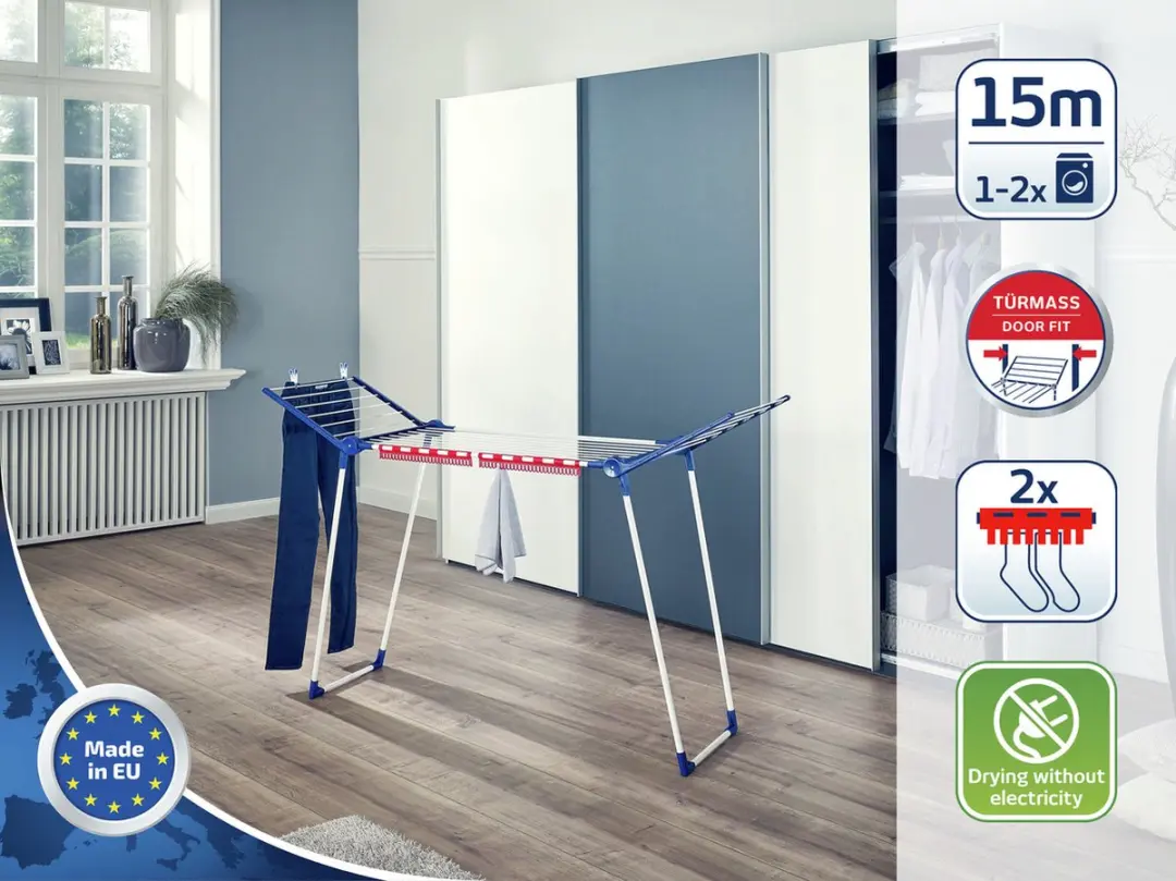 Leifheit Pegasus 150 Solid Slim Droogrek 15m - Rood/Wit/Blauw