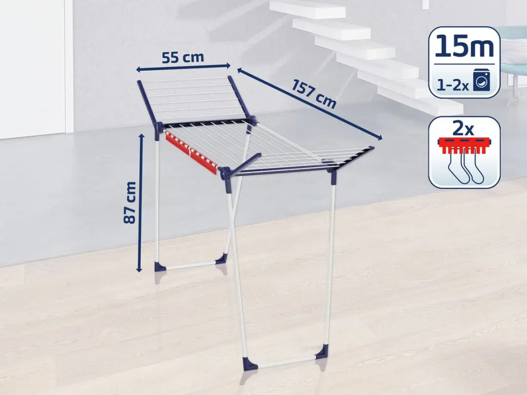 Leifheit Pegasus 150 Solid Slim Droogrek 15m - Rood/Wit/Blauw - afbeelding 6 van 6