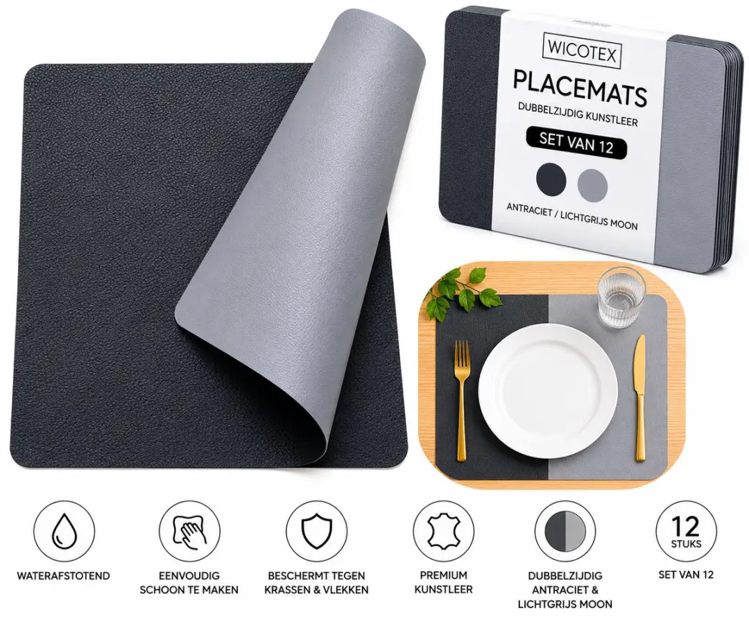 Wicotex Placemats Kunstleer Zwart/Grijs Moon