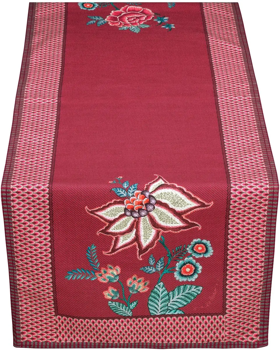 Pip Studio Flower Festival Tafelloper Donkerroze Katoen 50x150cm