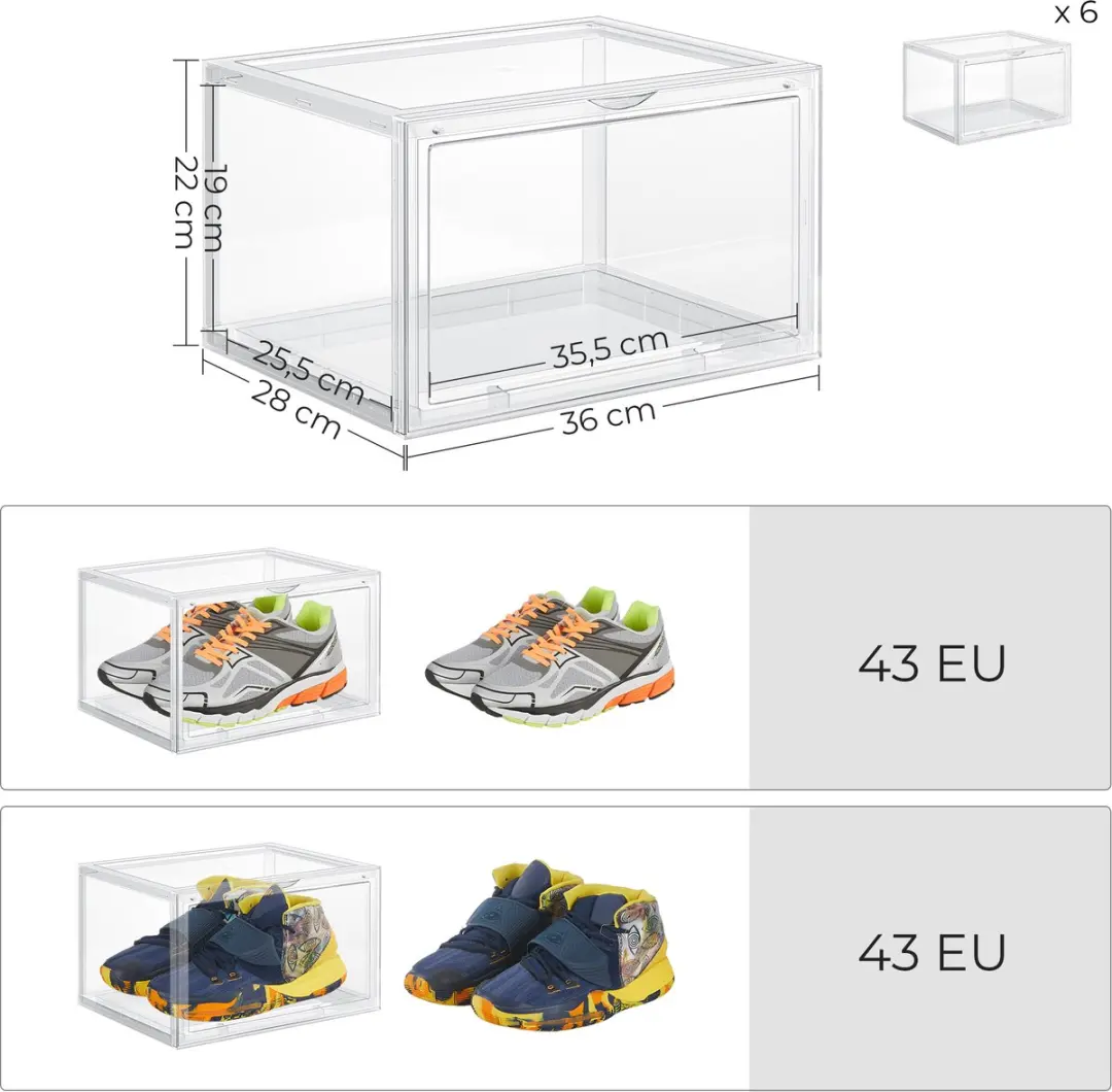Songmics Schoenenkast Kunststof Opbergboxen 6 Stuks - Transparant - afbeelding 2 van 6