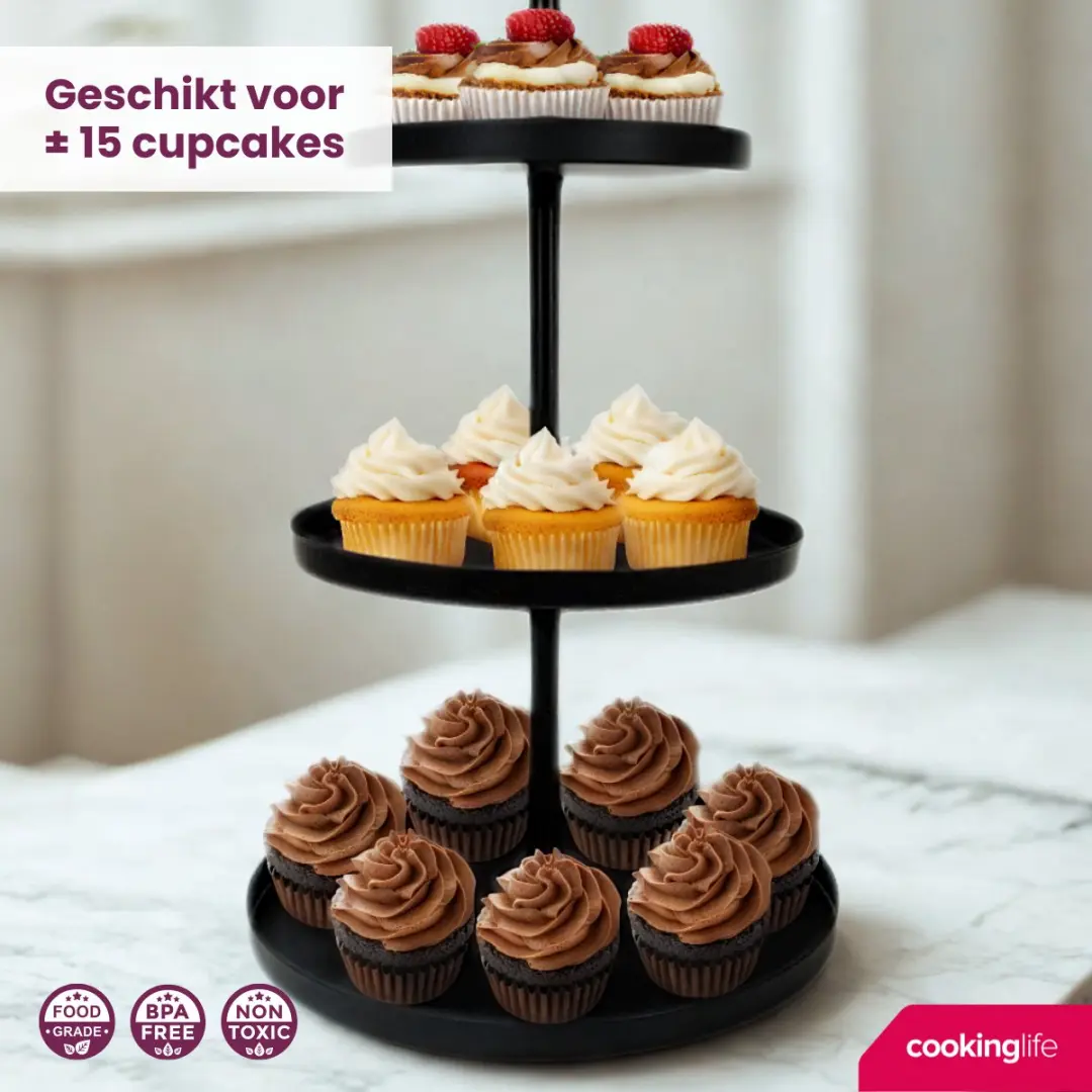 Cookinglife Etagère Metaal - 3 Laags Zwart - Ø 20/25/30cm