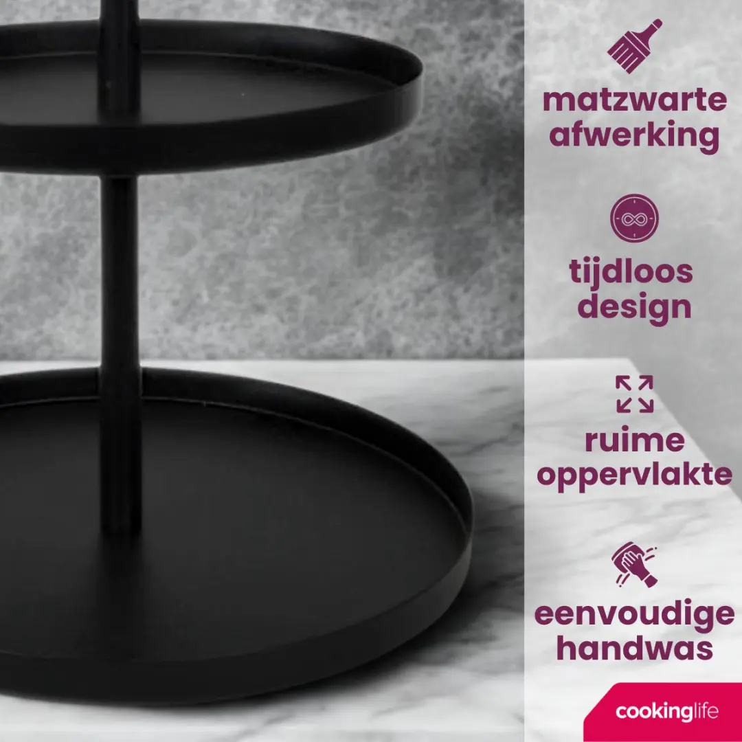 Cookinglife Etagère Metaal - 3 Laags Zwart - Ø 20/25/30cm