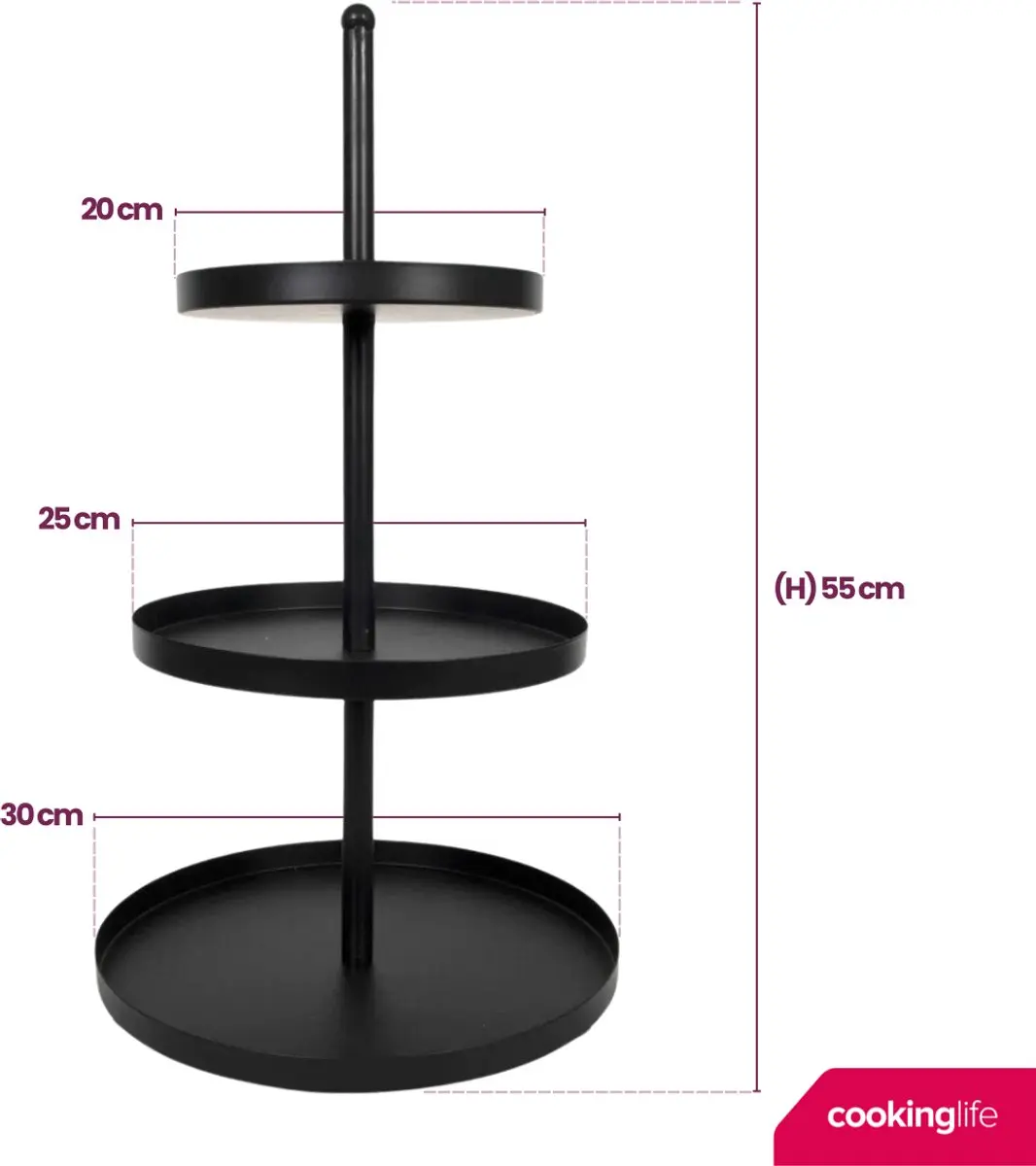 Cookinglife Etagère Metaal - 3 Laags Zwart - Ø 20/25/30cm