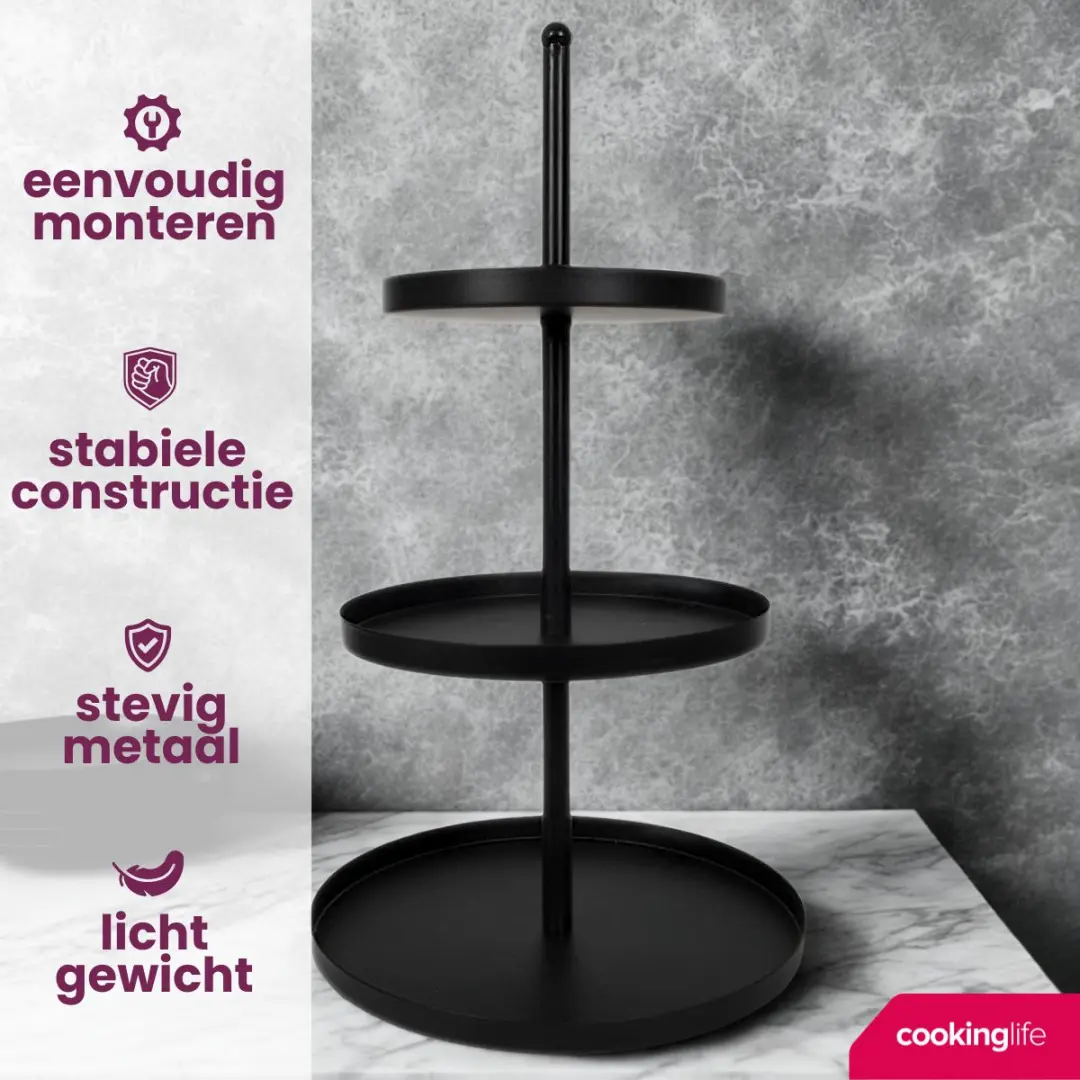 Cookinglife Etagère Metaal - 3 Laags Zwart - Ø 20/25/30cm