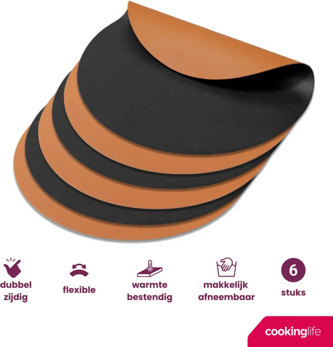 Cookinglife Placemats & Onderzetters Set - 12 Stuks - Vegan Lederlook - Zwart/Cognac
