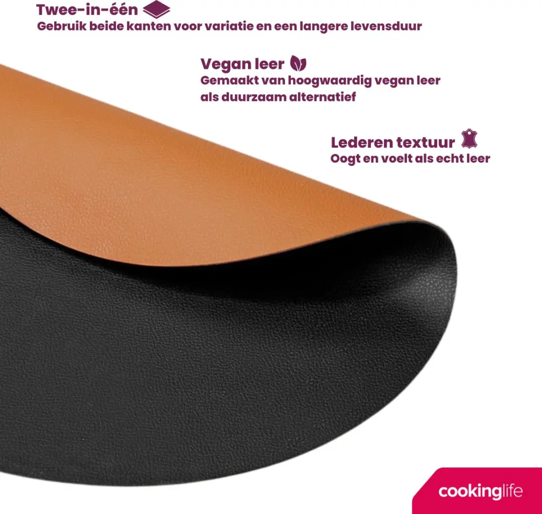 Cookinglife Placemats & Onderzetters Set - 12 Stuks - Vegan Lederlook - Zwart/Cognac