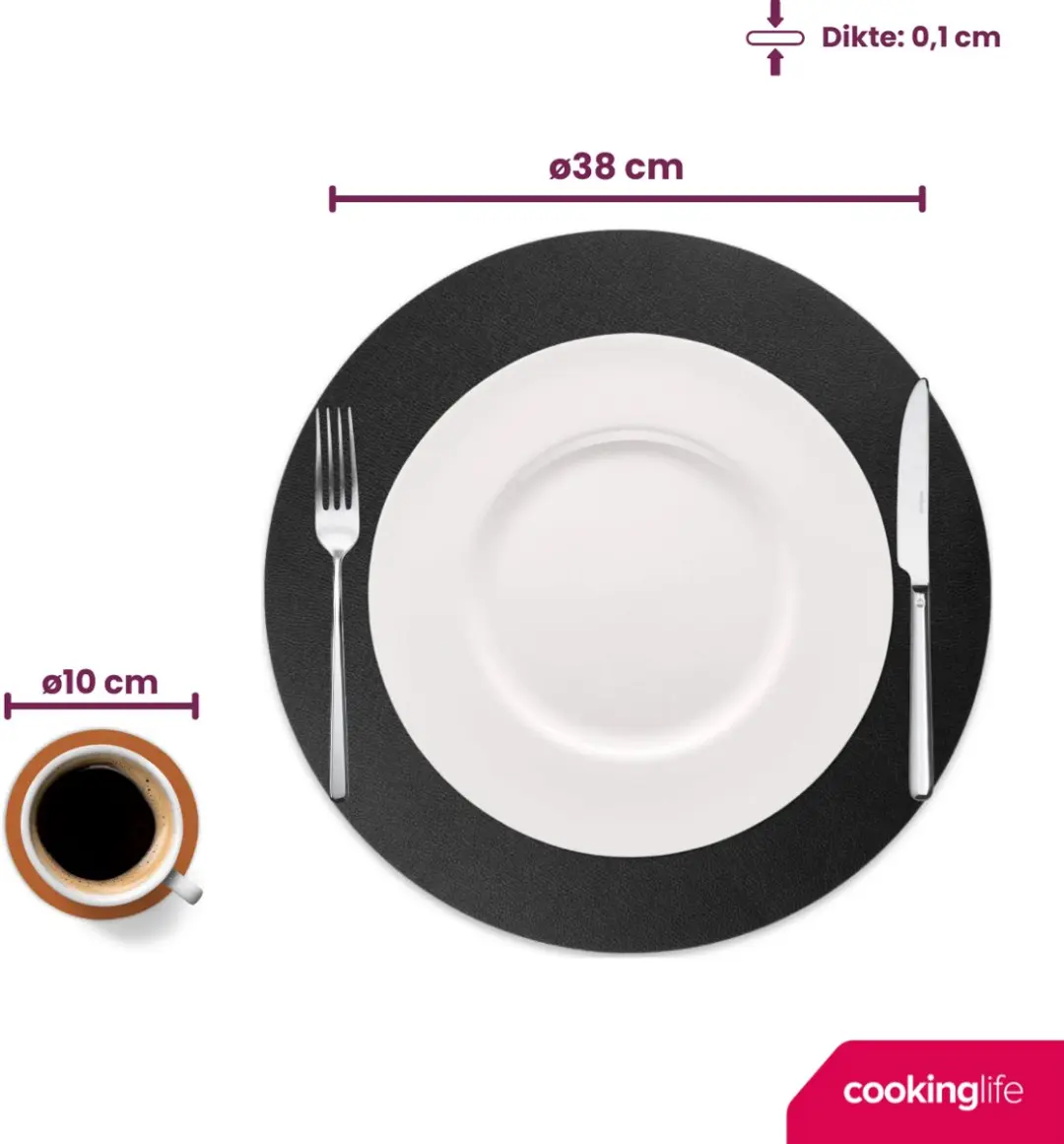 Cookinglife Placemats & Onderzetters Set - 12 Stuks - Vegan Lederlook - Zwart/Cognac