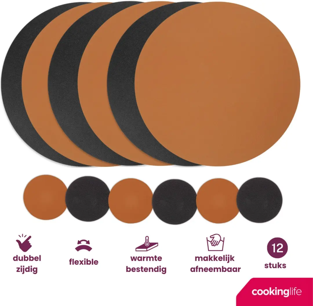 Cookinglife Placemats & Onderzetters Set - 12 Stuks - Vegan Lederlook - Zwart/Cognac