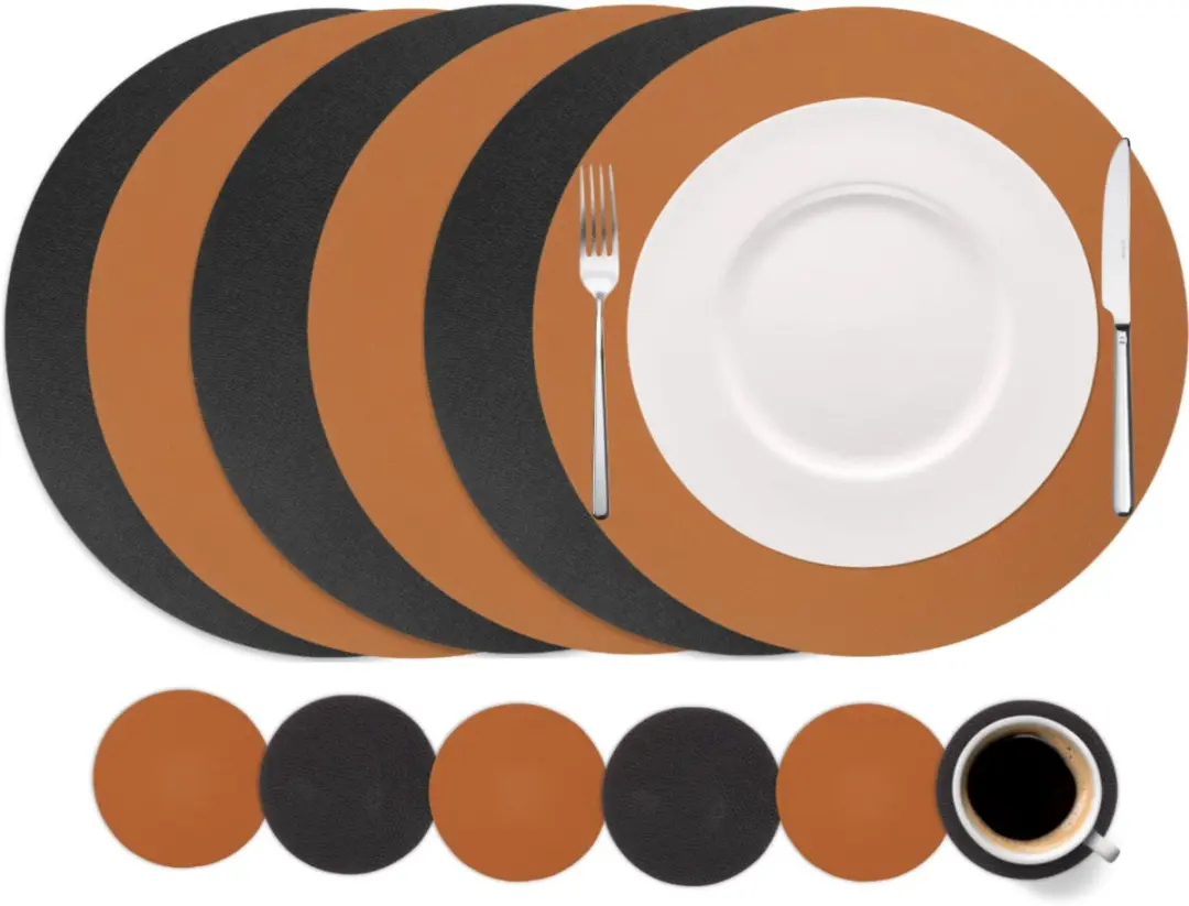 Cookinglife Placemats & Onderzetters Set - 12 Stuks - Vegan Lederlook - Zwart/Cognac