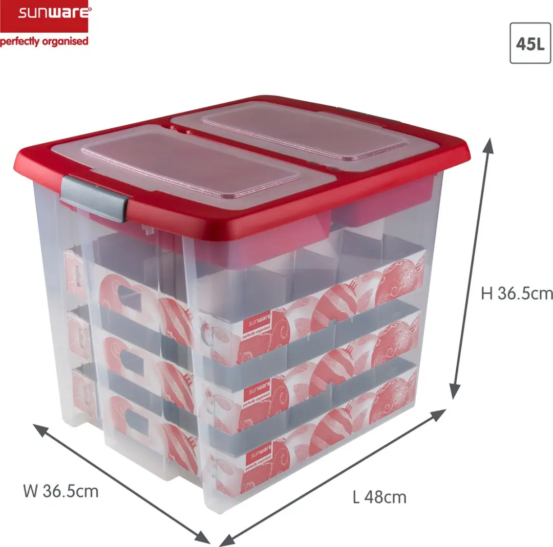 Sunware Nesta Kerstballen Opbergbox 45L - 48 Ballen - 48x36x36cm - Rood/Transparant