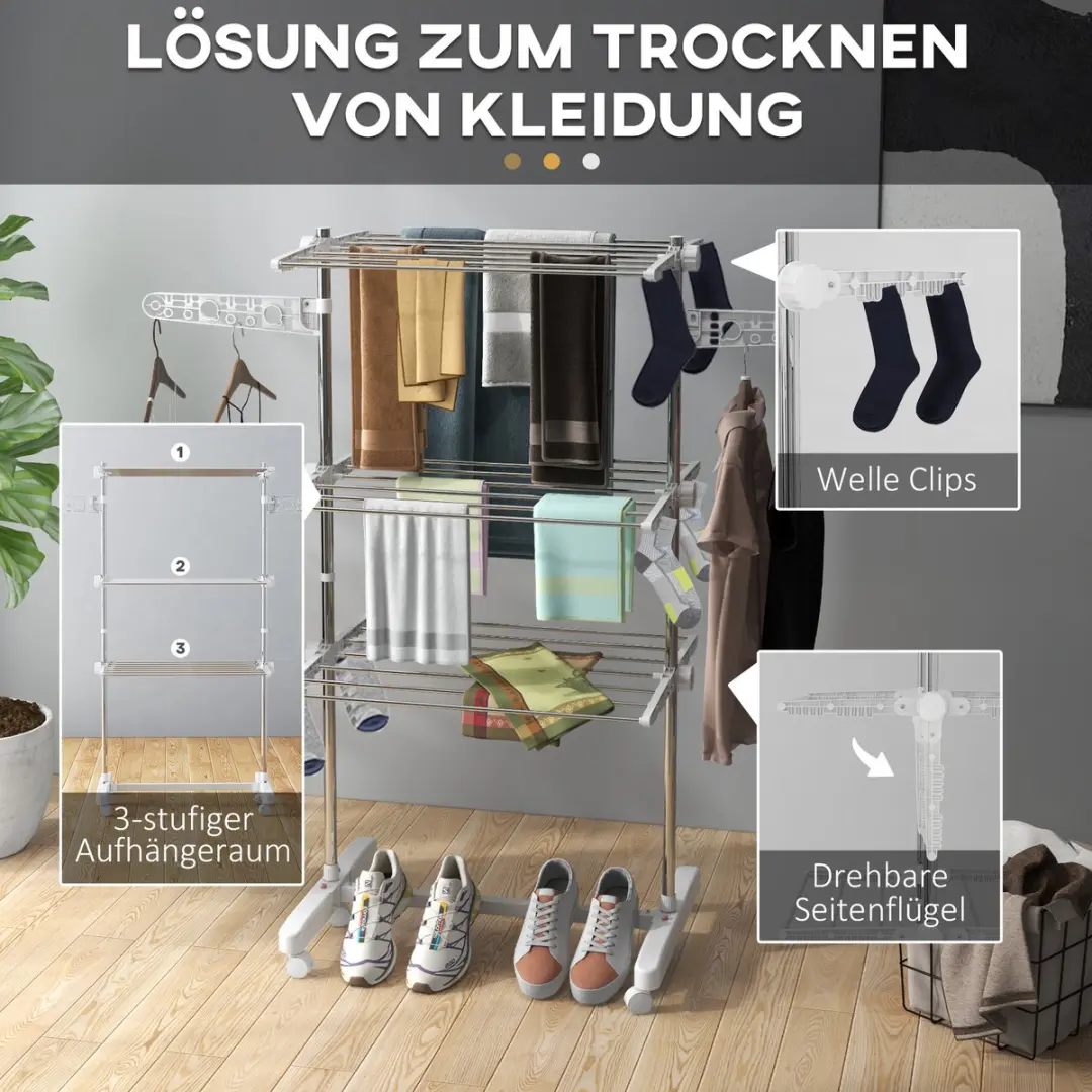 Homcom Mobiel Kledingrek 3-niveaus inklapbaar - Zilver