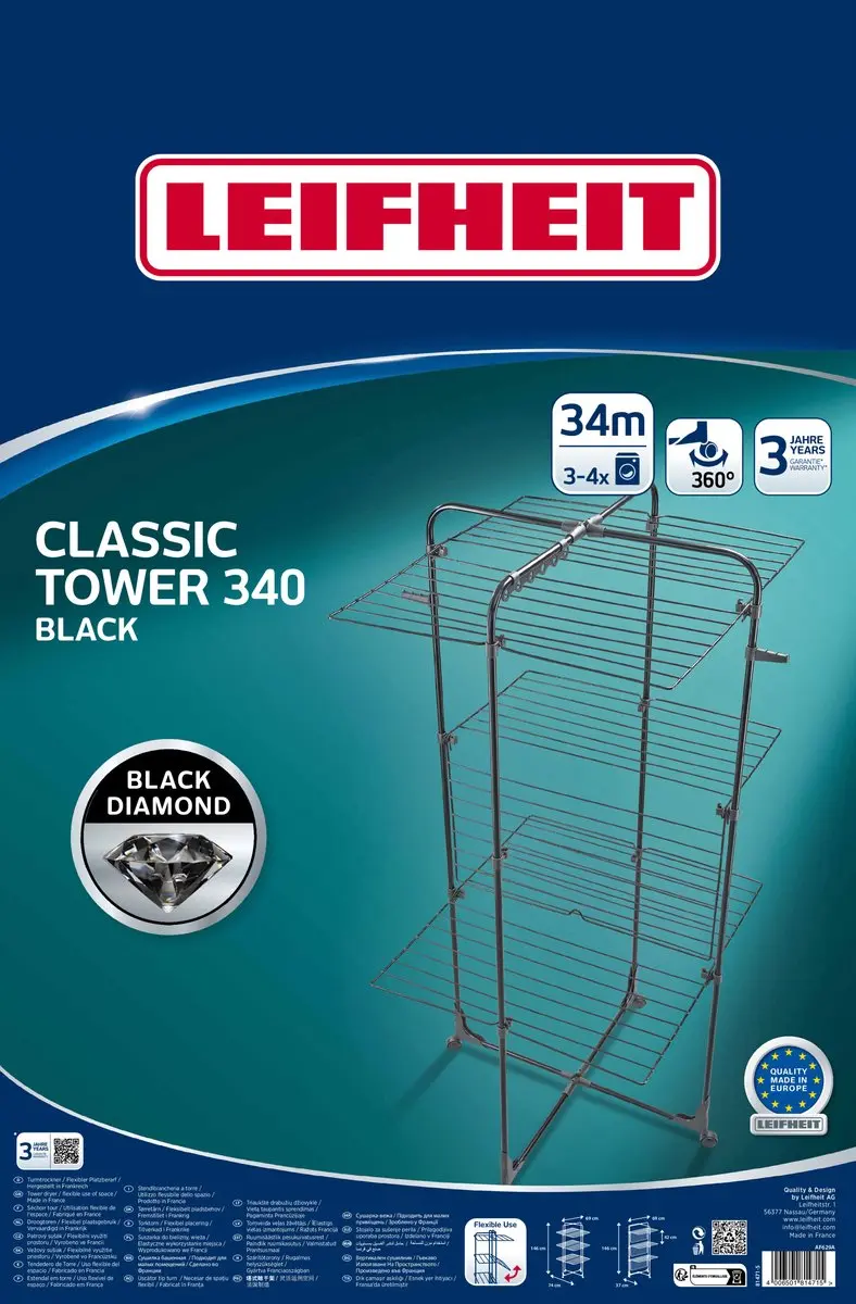 Leifheit Classic Tower 340 Droogtoren - 34m - Zwart
