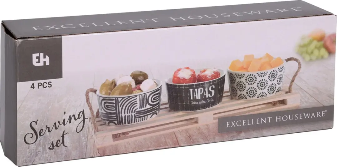 Excellent Houseware Serveerplank Hout 23x9cm - 3x Porseleinen Sausschaaltjes - Multi