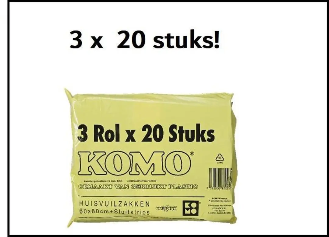 KOMO Huisvuilzakken 60L - 60 Stuks (3x20)