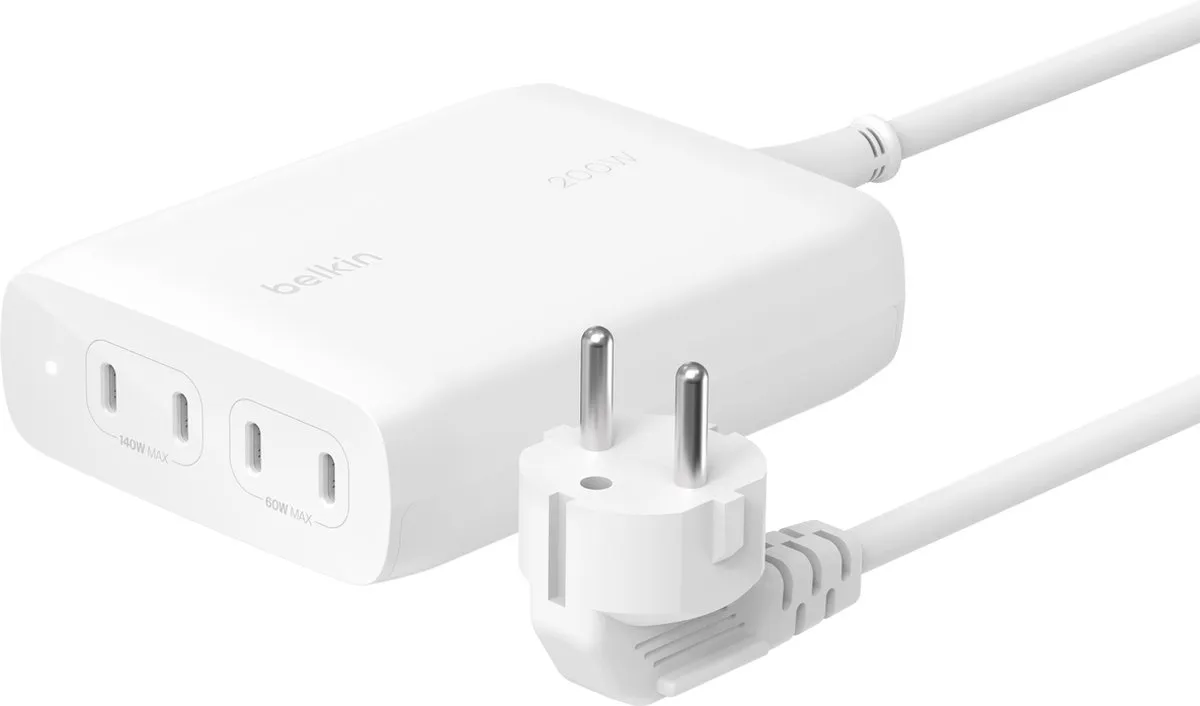 Belkin BoostCharge Pro 200W 4-poorts USB-C GaN Snellader WCH015vfWH - Wit