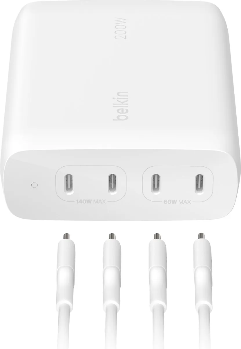 Belkin BoostCharge Pro 200W 4-poorts USB-C GaN Snellader WCH015vfWH - Wit