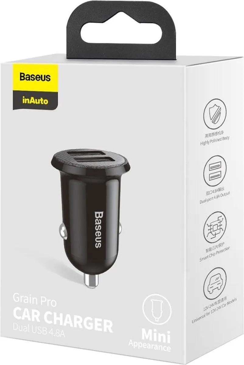 Baseus 6953156202009 Autolader - 2x USB 4.8A - Zwart