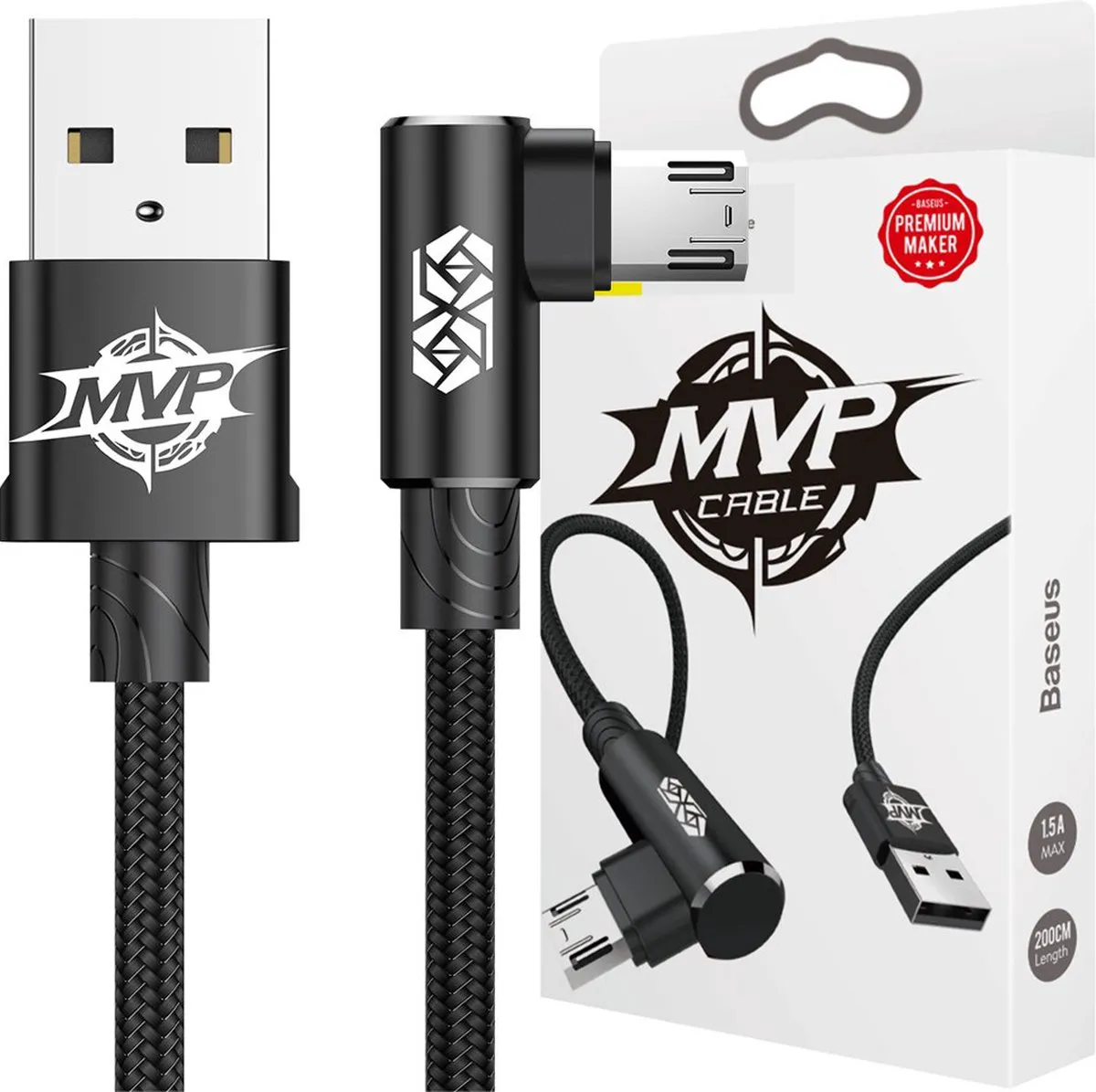Baseus MVP CAMMVP-B01 Haakse Kabel - Micro-USB 2m 1,5A - Zwart