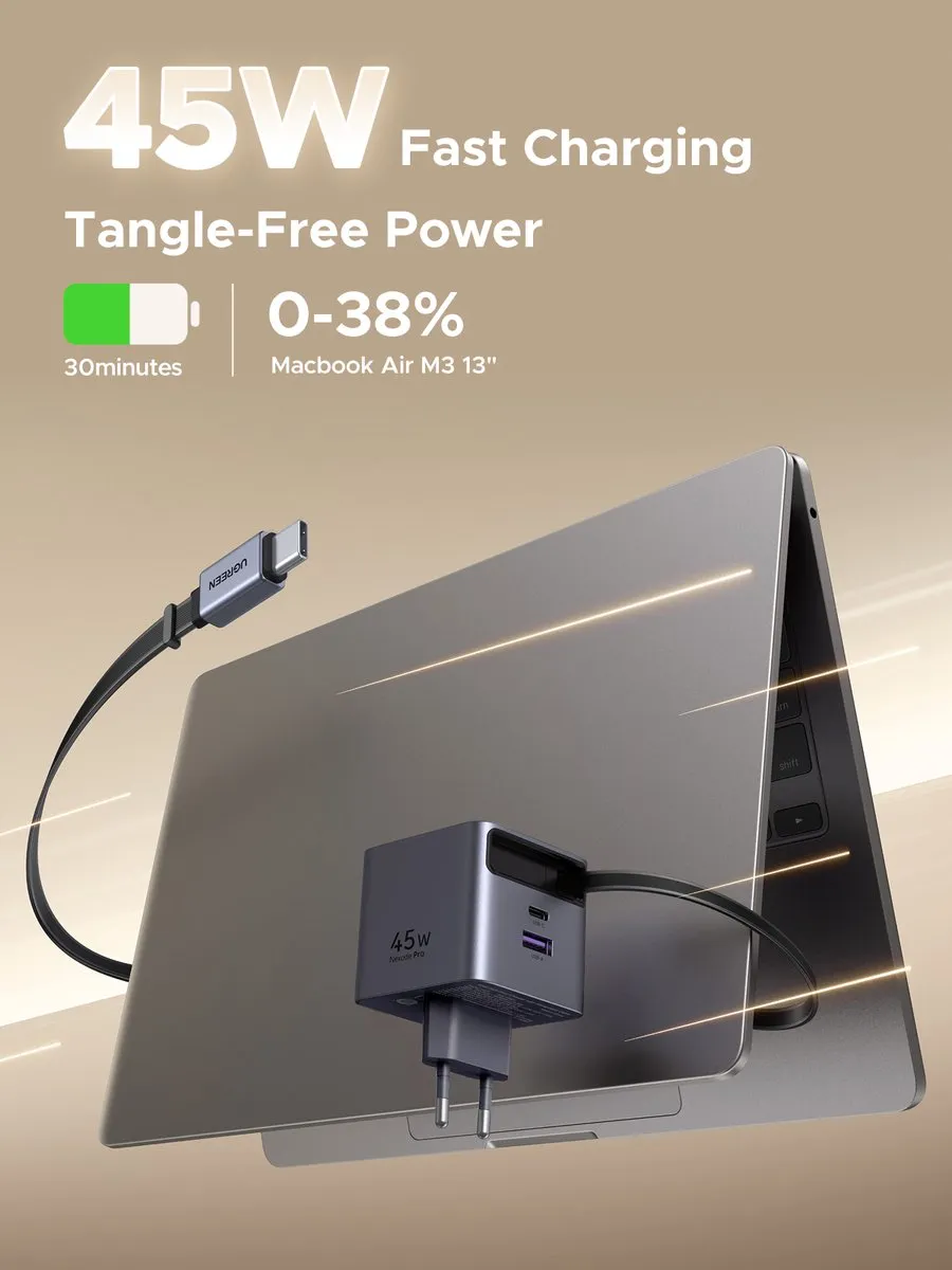 Ugreen Nexode 45W GaN USB-C Oplader 3-poorts - PPS 25W - Donker Grijs