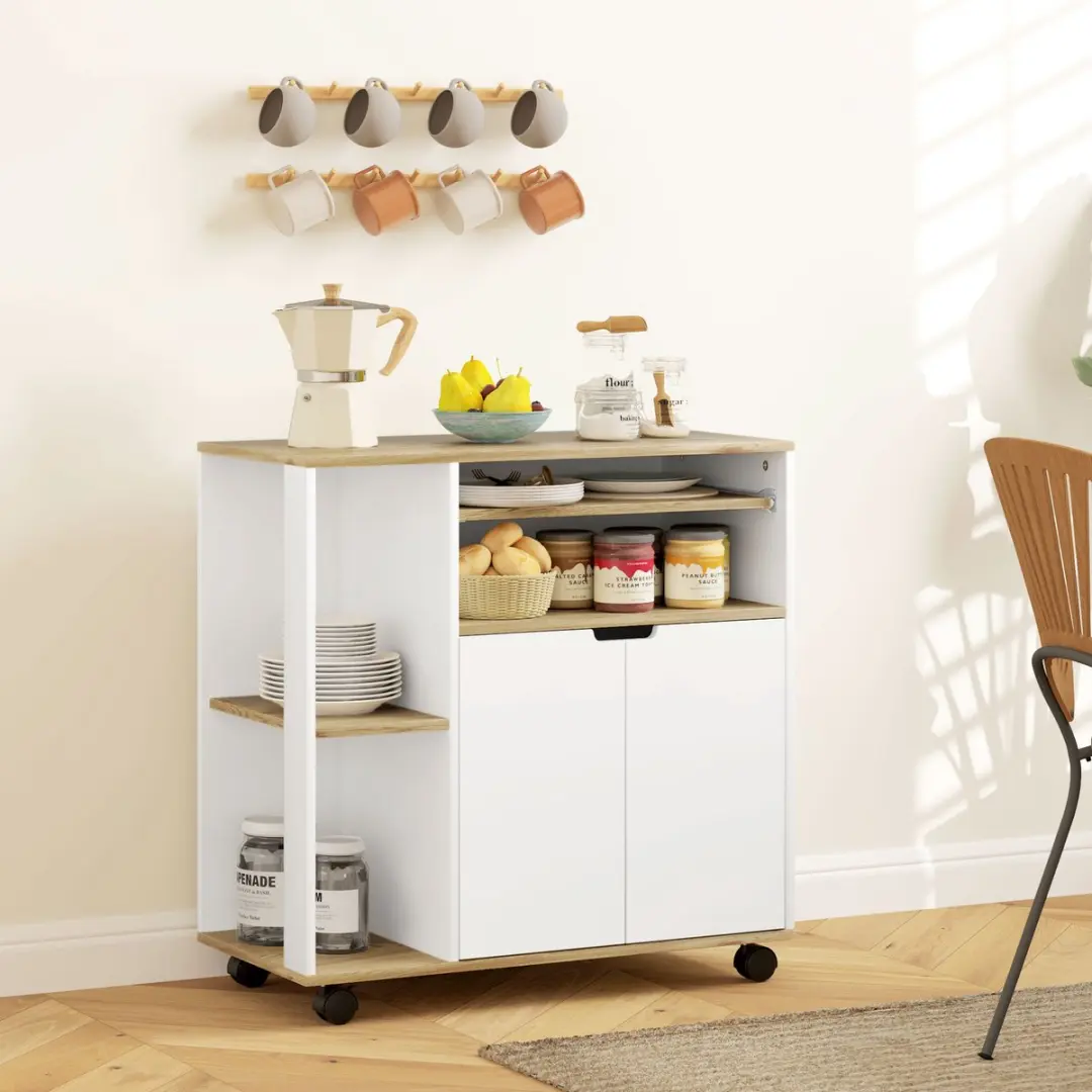 Homcom Keukenwagen Natuurhout/Wit 80L x 40B x 82H cm