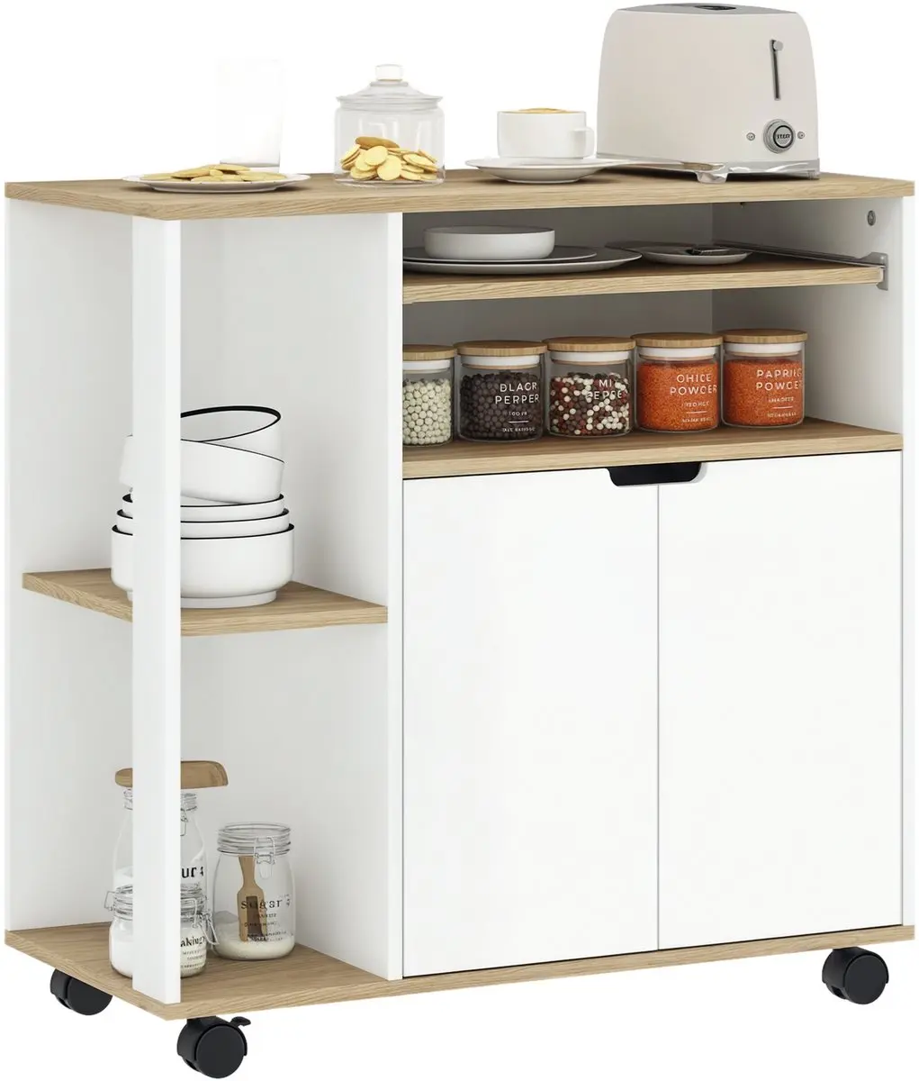Homcom Keukenwagen Natuurhout/Wit 80L x 40B x 82H cm